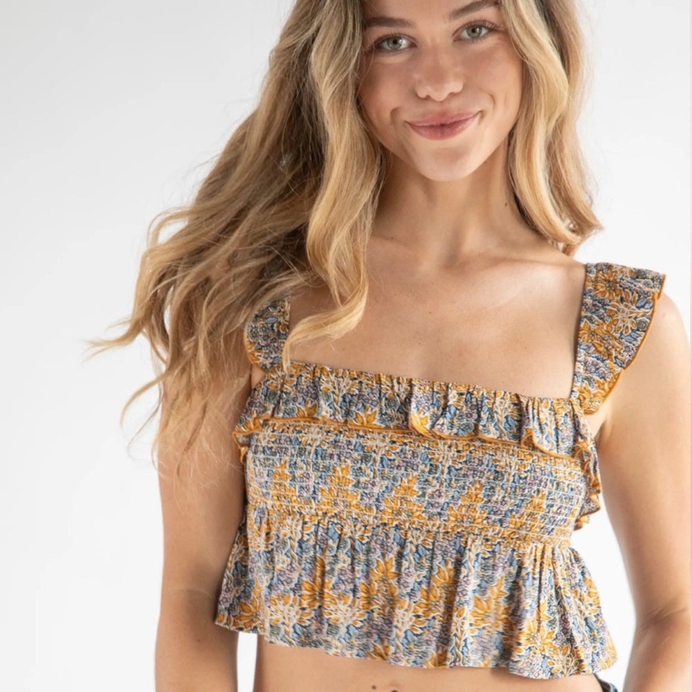 Natural Life Floral Ruffle Smocked Crop Top